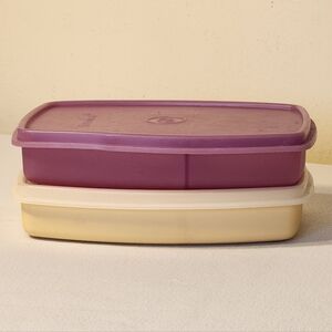 Two Tupperware Slim Packette Divided Lunch Containers 813 Purple & Almond Vtg